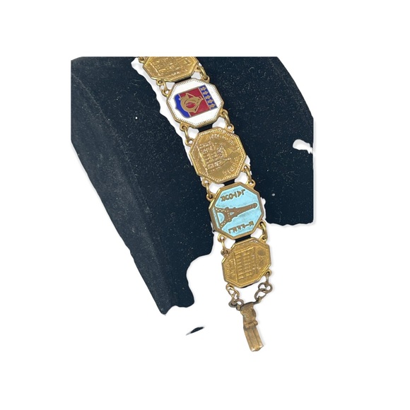 Vintage Brass FRENCH FRANCE PARIS Eiffel tower tourist link bracelet enamel - Picture 4 of 12
